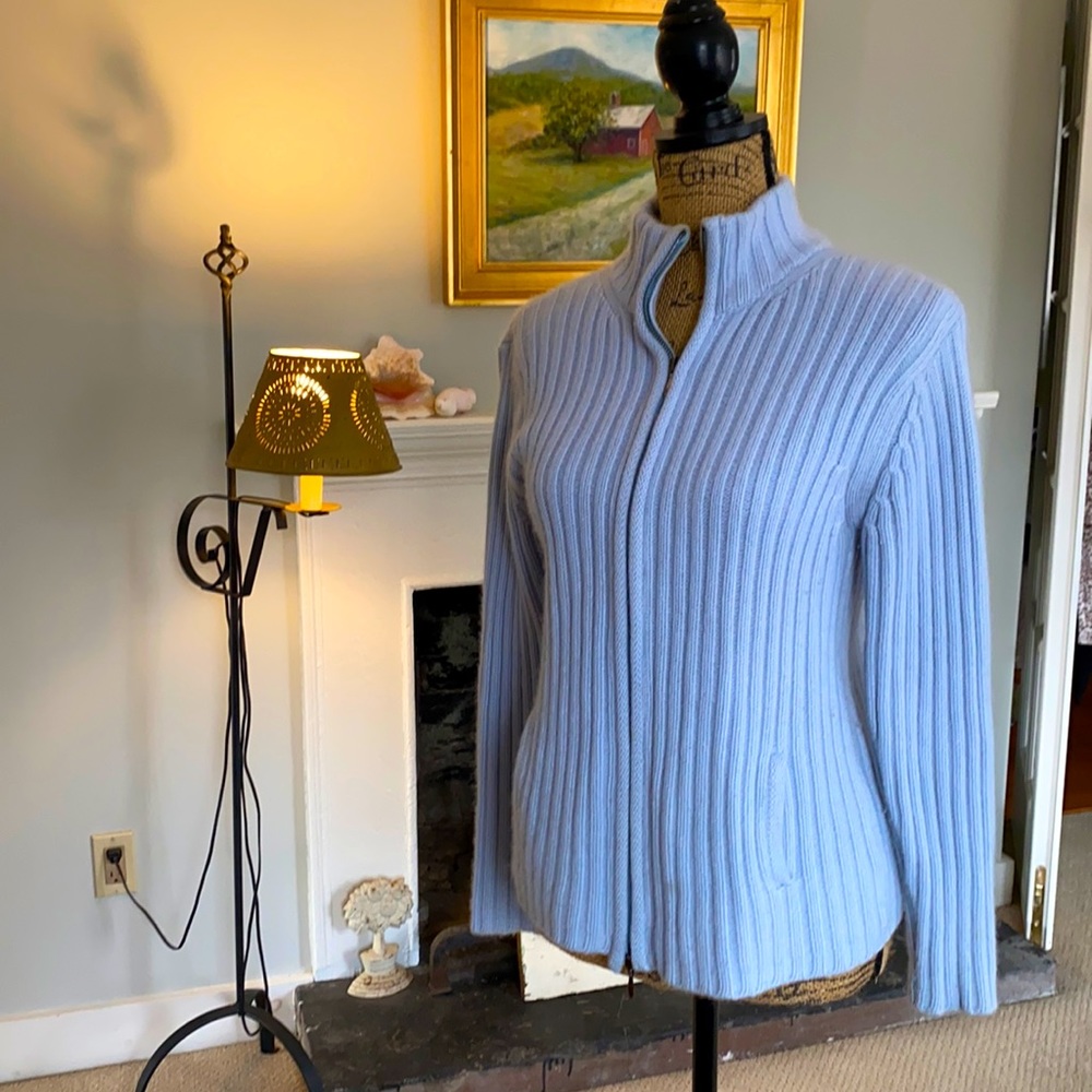 New York’s David Cenci double thick cashmere sweater. Baby blue. Double zipper